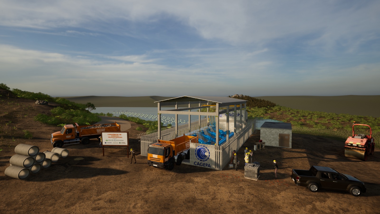 Render 3D lateral da EEAT com vista para o reservatorio