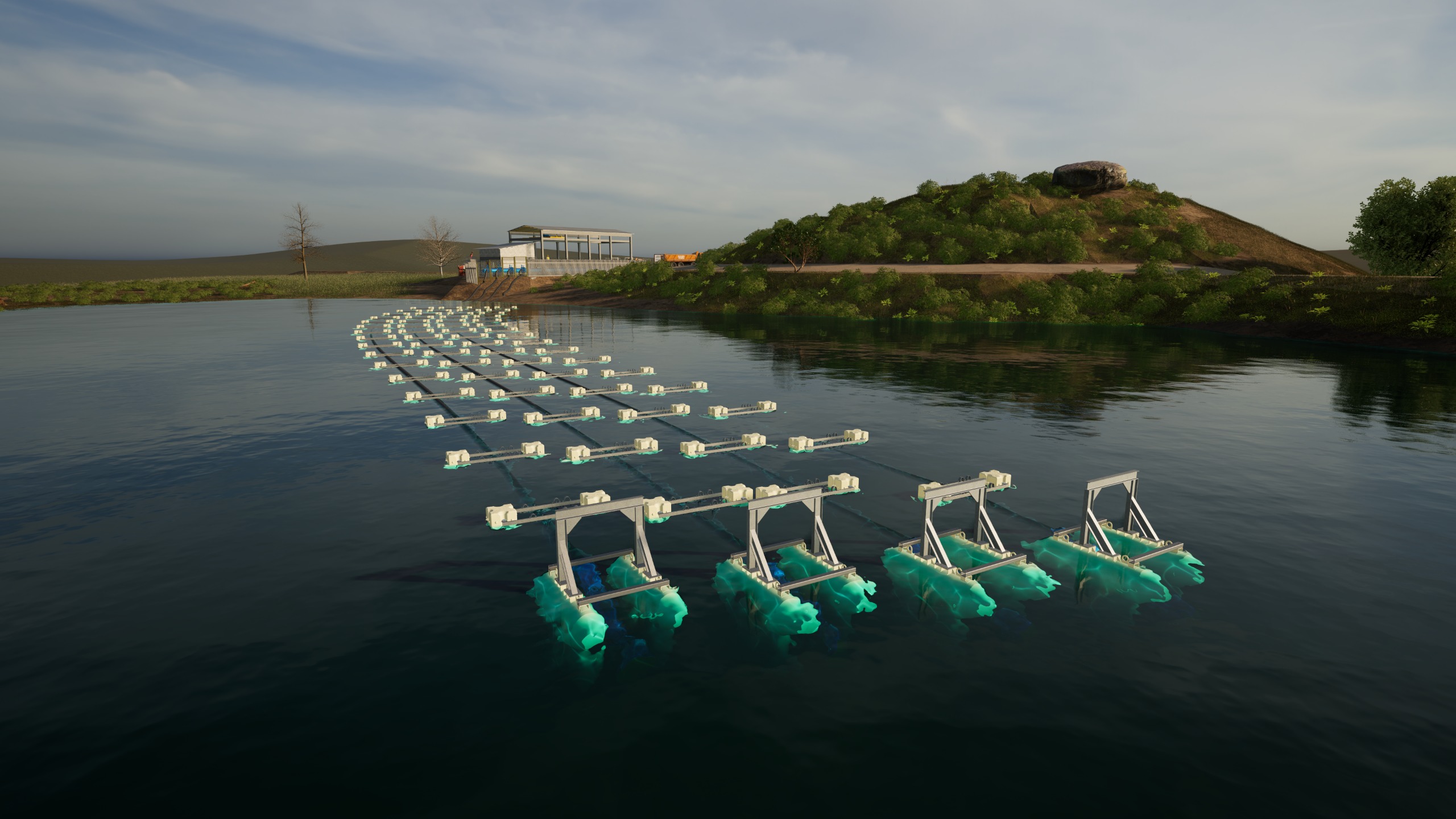 Vista aerea do sistema de captacao no reservatorio