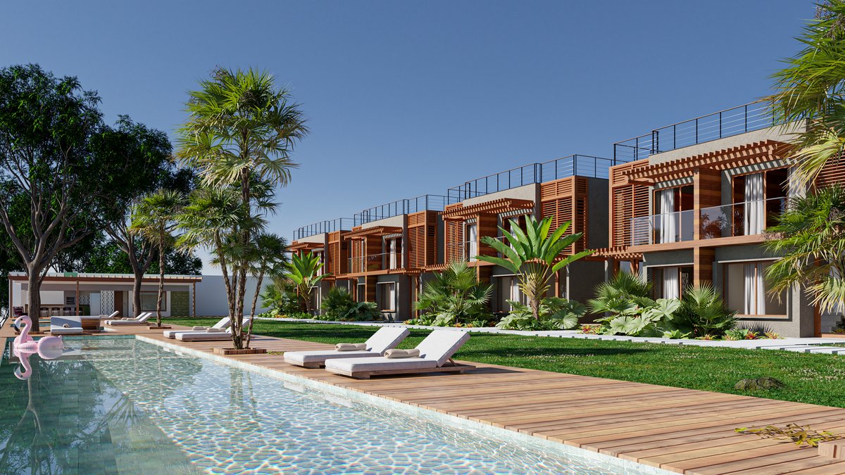 Vista Mundai Privilege - Render 3D da fachada com piscina