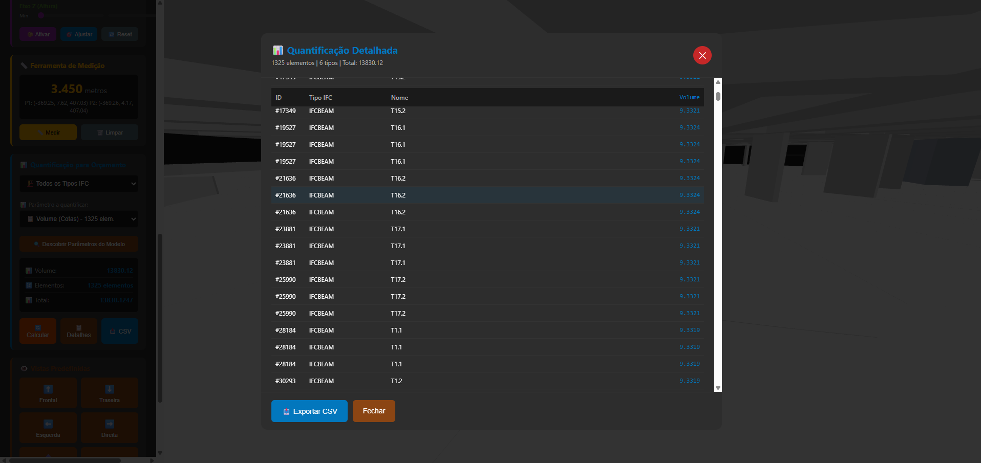 Visualizador IFC - Quantificacao detalhada com exportacao CSV